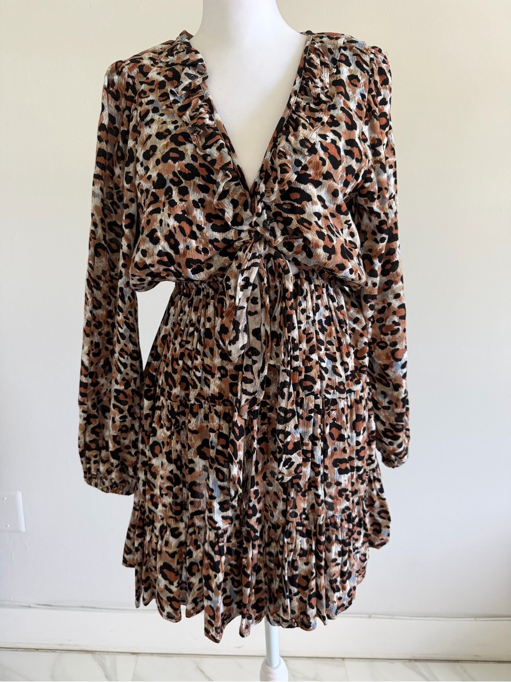 Leopard Print Long Sleeve Tie-Waist Dress